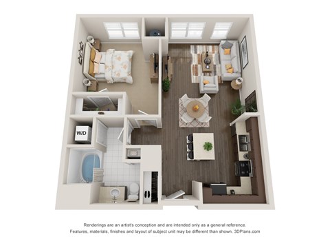 A 3D floor plan of a small apartment with a bedroom, living room, and bathroom.